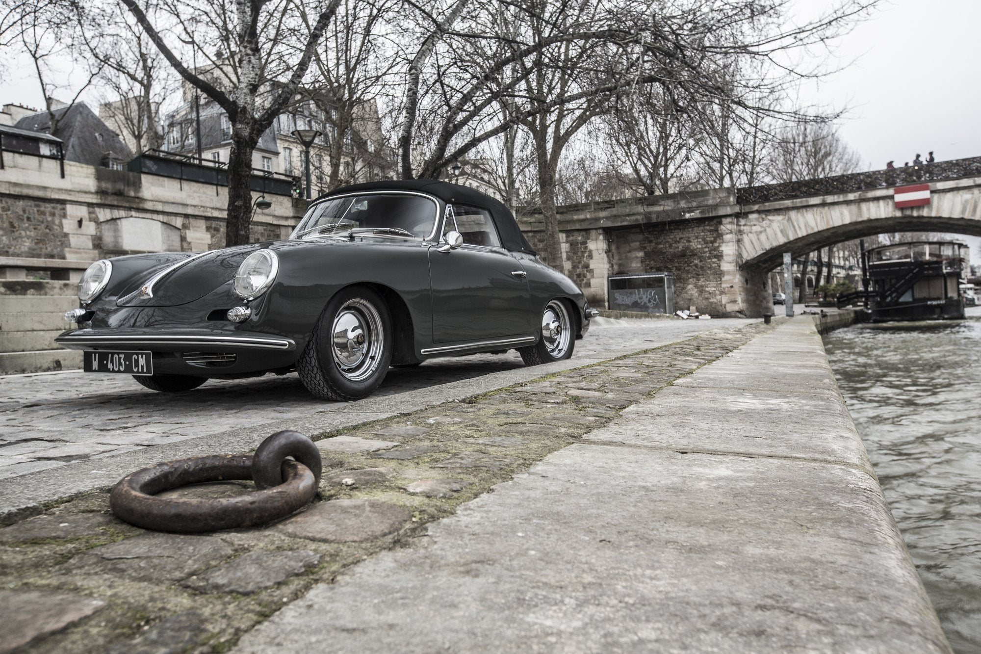 Voiture Porsche 356 Cabriolet Carrera 2 Grise Souris Cuir Brun Noir &Blanc