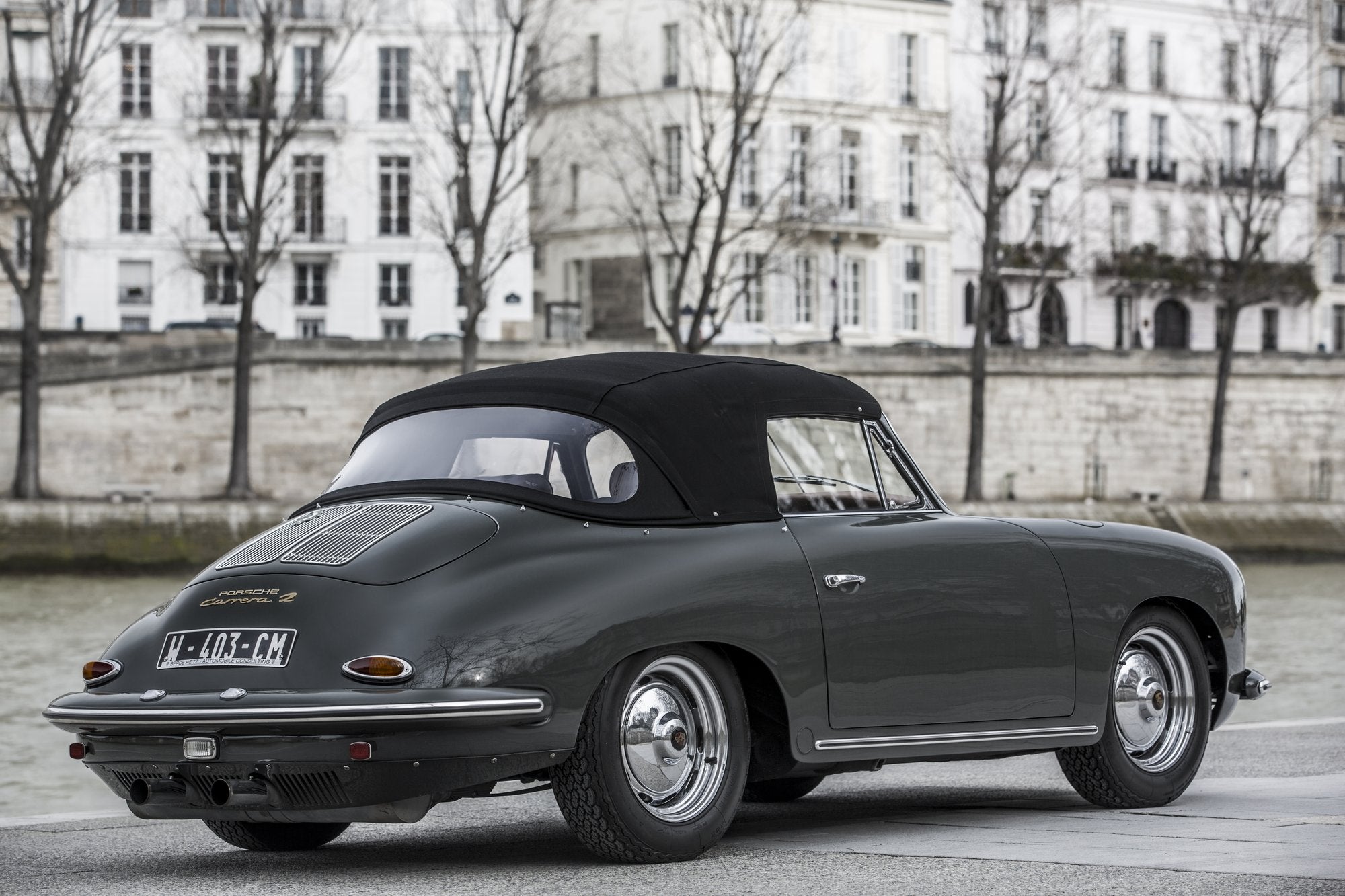 Voiture Porsche 356 Cabriolet Carrera 2 Grise Souris Cuir Brun Noir &Blanc